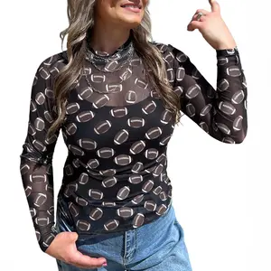 MULLVEIG Women's Game Day Mesh Sheer Crew Neck Long Sleeve Top See Through Athletic Shirt for Baseball Football Softball Game Day Outfit