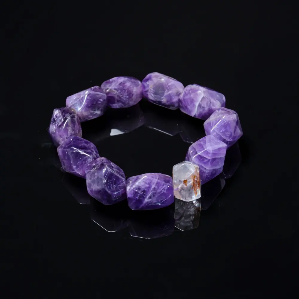 Genuine Natural Stones Crystal Beaded Gemstone Bracelet - Natural Raw Amethyst, Herkimer Diamond, Elastic Fit for Calming Mind & Awakening Intuition, Boho Chic Outfits