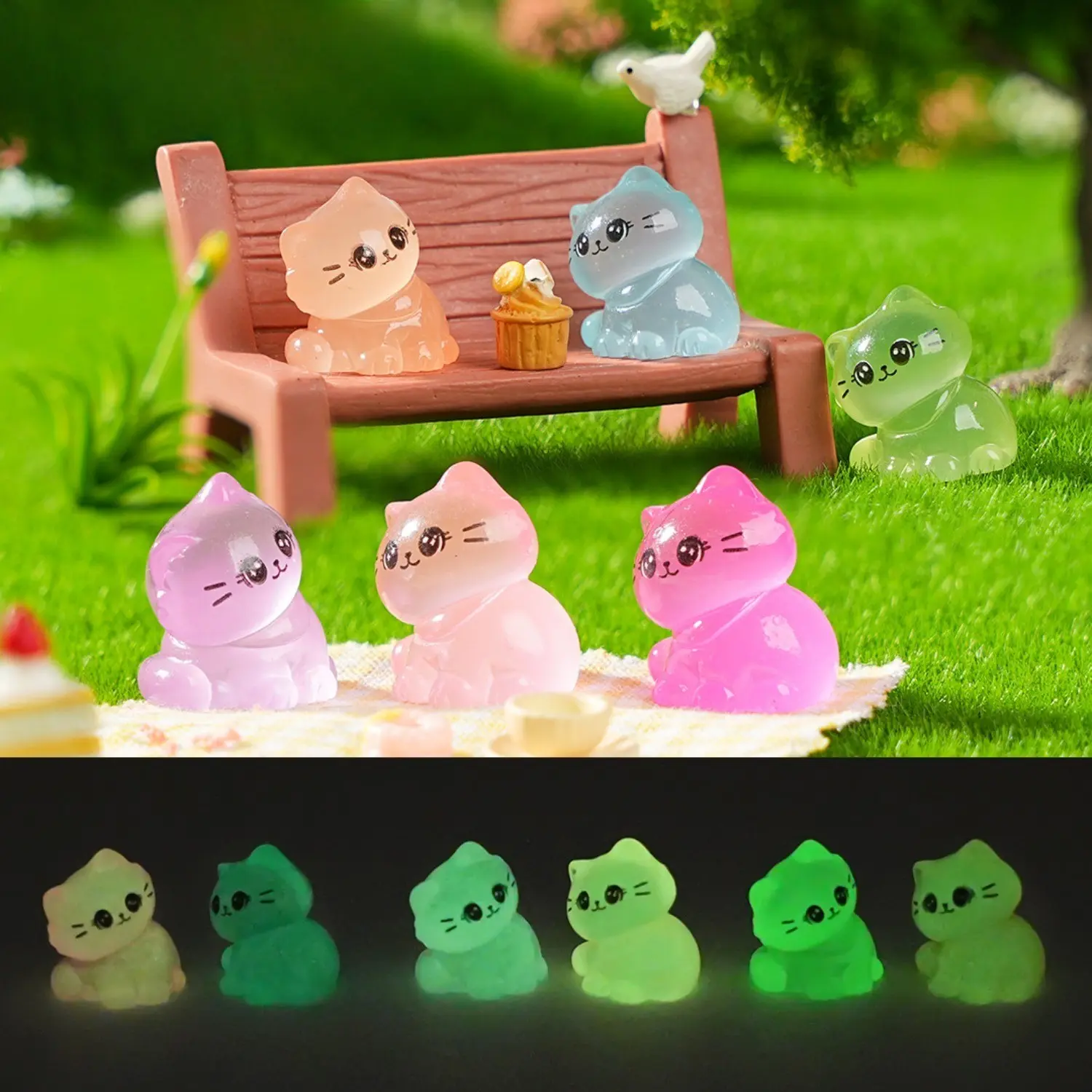 6/12/24pcs Luminous Mini Resin Cat Small Tiny Little Cat Decorative Figurines to Hide Glow in The Dark Miniature Figures for Micro Garden Landscape Decoration Ornaments Craft Party Favors Toys Cute Figurines Animal Decorations Figurine Set