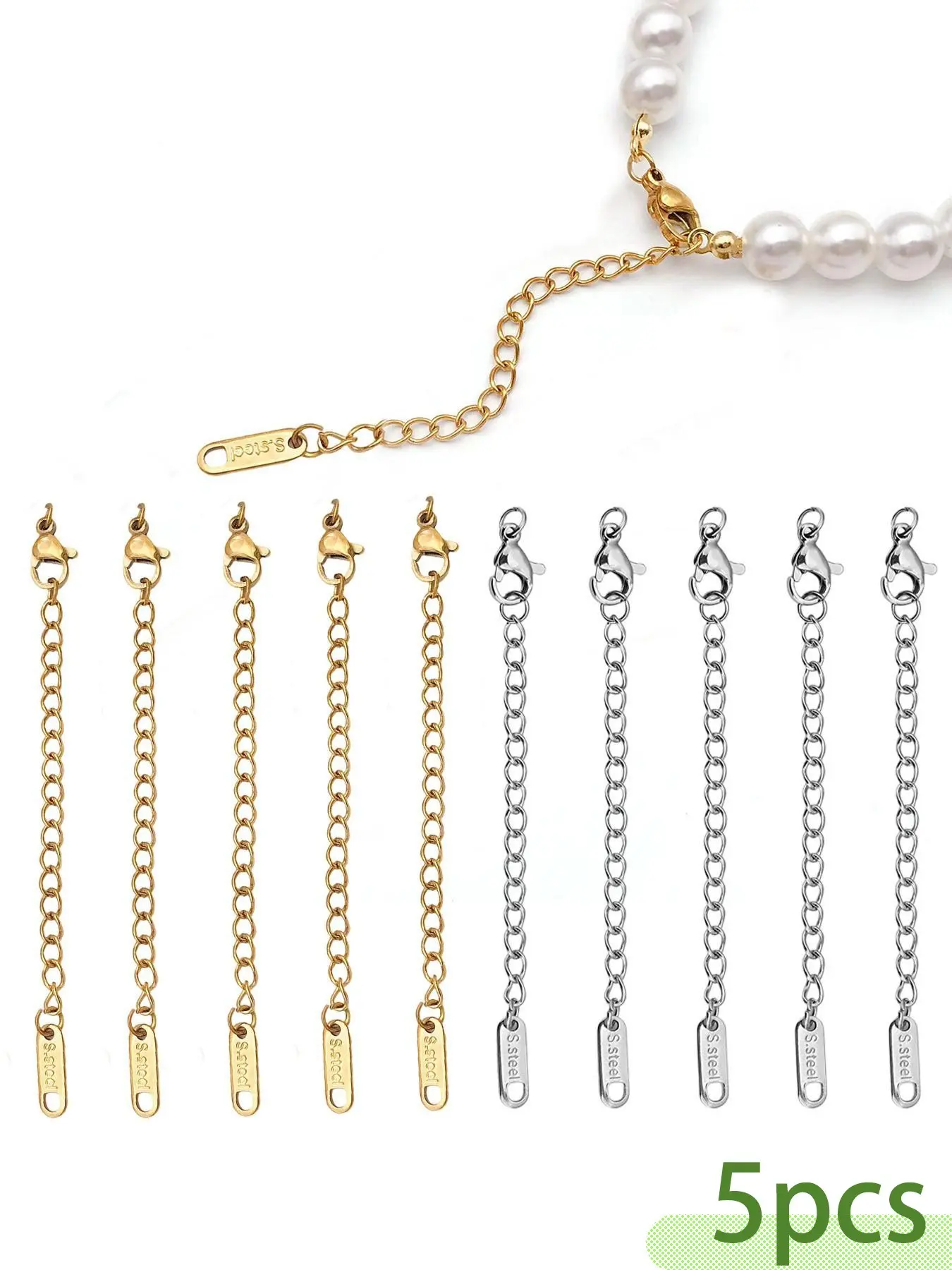 5 Pcs 18K Gold Plated Stainless Steel Necklace Extender Set, 5cm (2 Inch) Tarnish Resistant Bracelet Extension Chains with Secure Lobster Clasps Tarnish Free Chain