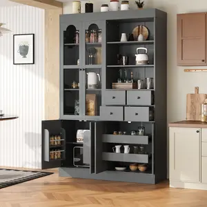 TOPMAx 47.2x15.7x75inch Freestanding Buffet With Hutch  Tall Kitchen Pantry Cabinet With 4 Drawers  Door Shelves And Pull- Out Trays For Dining Room  Living Room  Gray, Four-Drawer Floor Cabinets, Freestanding Floor Cabinets