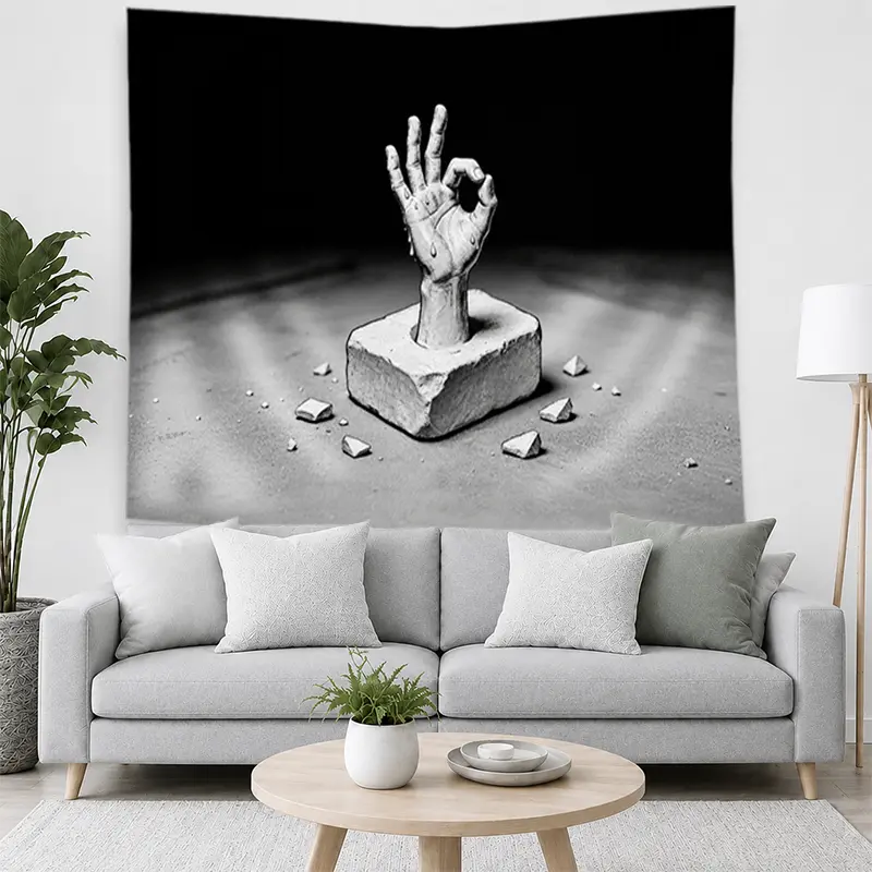 Surreal OK Hand Sculpture Tapestry - Black and White Minimalist Fabric Wall Hanging, Mysterious Conceptual Wall Art for Bedroom, Living Room, Home Decor Gift