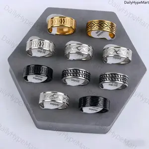 10-Pack Men's Retro Engraved Stainless Steel Rings, Oil-Drip Finish for Daily & Party Wear