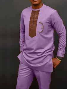 Traditional Muslim African Classic Style Men's Wedding Suit Set, Round Neck Long Sleeve Top and Pants, 2 Piece Set, Formal Wear Cultural Outfit