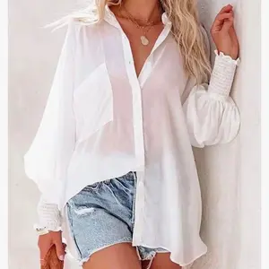 Oversized White Drop Shoulder Long Sleeve Button Down Shirt Collar Basic Blouse Comfort Spring Top Womenswear Chic