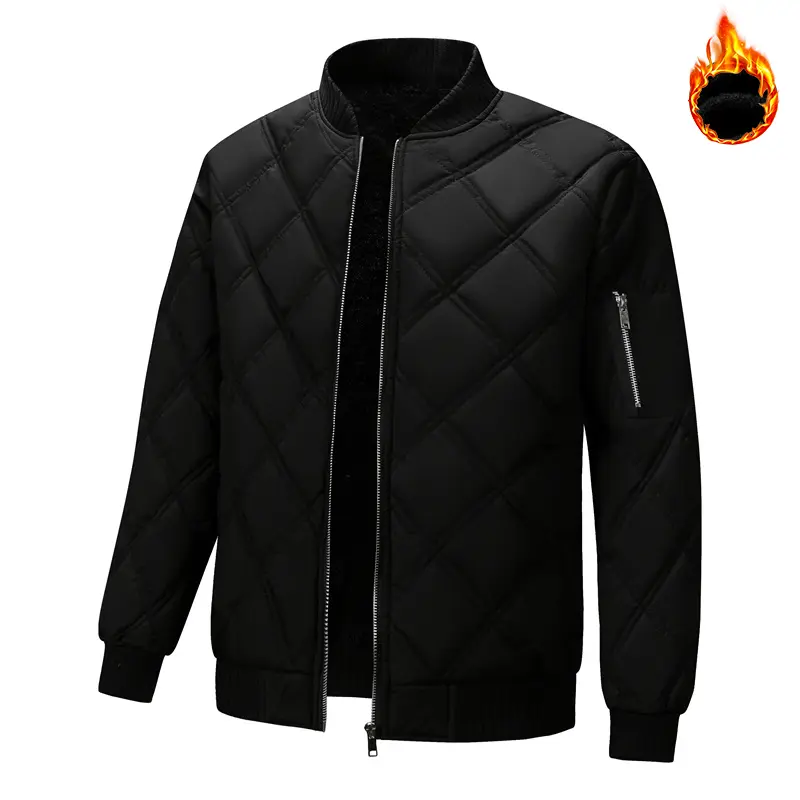 Men's Diamond Quilted Baseball Collar Jacket, Warm Fleece Lined and Windproof Polyester Outerwear for Winter Campus Outfits, Fashion, Basics, Deformation-Resistant, Casual, Date Outings, Hang To Dry In Shade, Hidden Side Pockets, Fabric, Ribbed, Coats, To