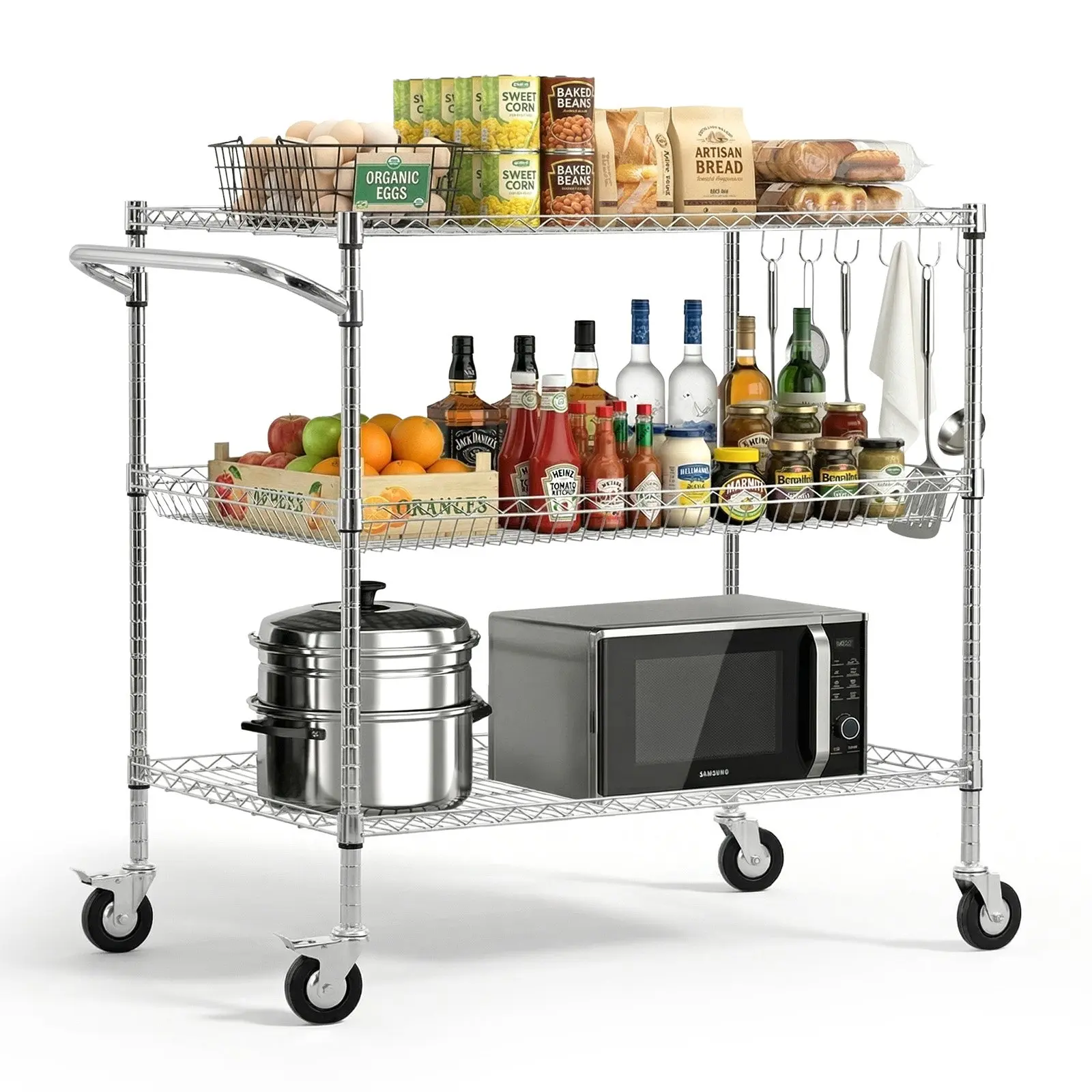 【Summerfinds】VEOVR VEVOR Heavy-Duty 3-Tier Adjustable Wire Storage Cart with Shelf & Basket, Commercial Steel Rolling Organiser Trolley with Handle, Work Table on Wheels, for Garage, Laundry Room, 40x25x40.9 in