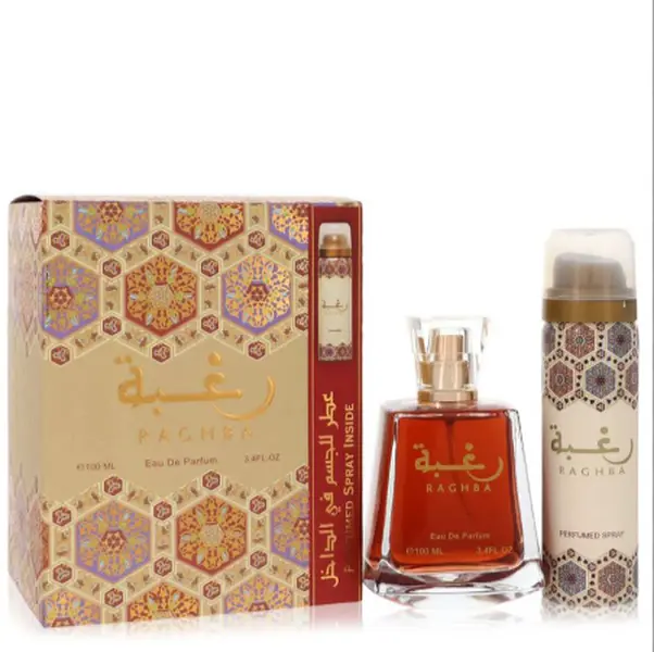 Lattafa Raghba Limited Edition Women's EDP Perfume Set - 2-Piece Arabic Inspired Scent, 3.4 oz EDP Spray, 1.7 oz Deodorant Women's Fragrance, Dual Scents Fragrance, Incense Base, Sugar Top, Ethanol-Compatible