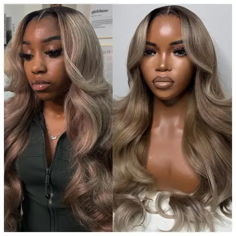 Vibrant Unisex Ombre Grey Ash Blonde 13x6 Lace Frontal Human Hair Wig - Glueless HD Wigs, Pre-Plucked Lace With Baby Hair, Short Brown Roots, Natural Hairline, Restyleable, Party Ready For Daily & Special Occasions