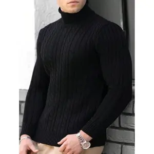 Men's Solid Color Textured Turtleneck Sweater, Regular Fit Casual Long Sleeve Jumper for Fall & Winter, Turtleneck Pullover, Men's Knitwear for Daily Wear