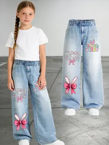 Easter Girls Cartoon Rabbit Print Jeans, Graphic Jeans, Casual Fitted Denim Jeans, Easter Gift, Kids Clothing, Ages 4-14, Girl Fashion