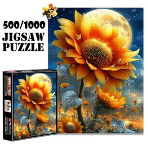 1pc 1000 piece adult puzzle 70x50cm Sunflower with Bees under Full Moon and Stars 500 pieces of paper jigsaw puzzle, suitable for adults and families, large-scale DIY puzzle interactive toy games,