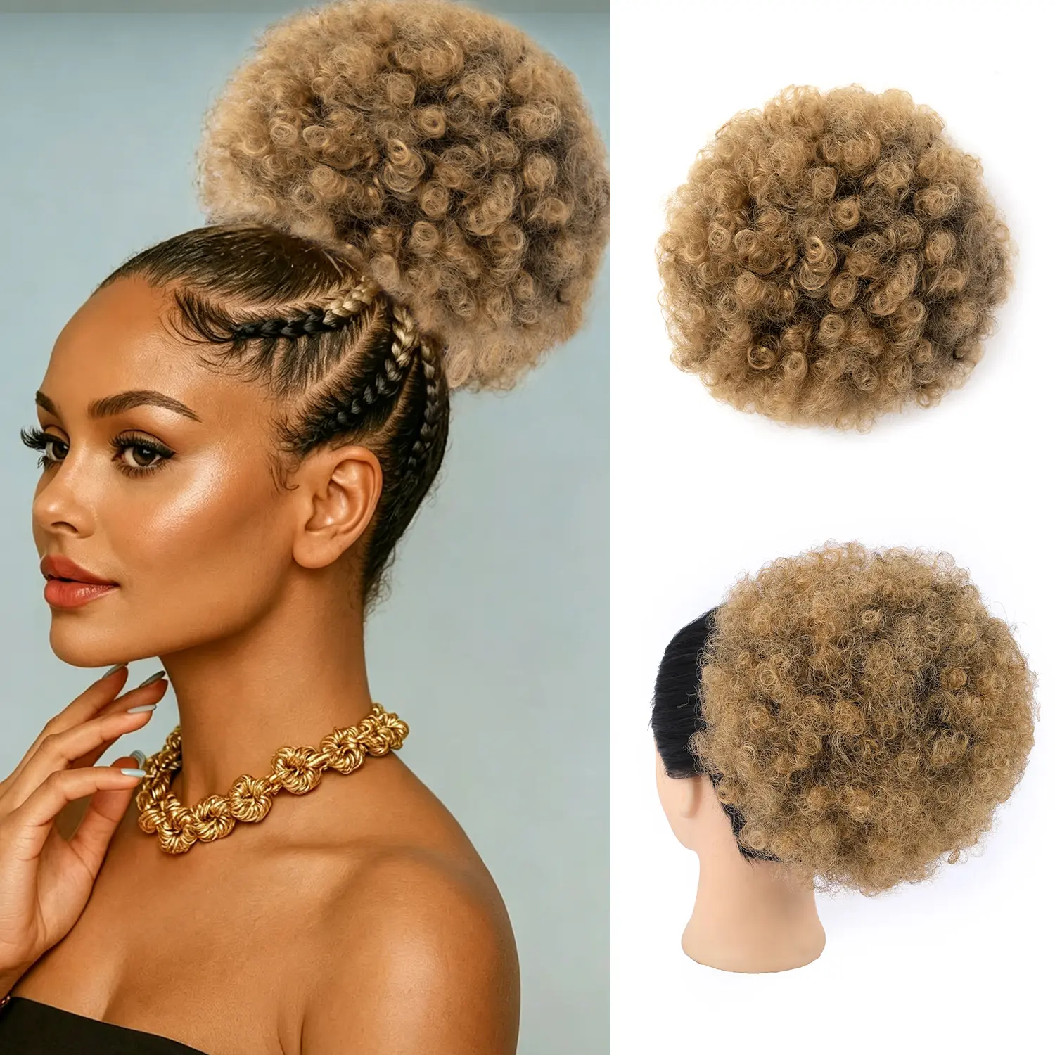 Afro Puff Drawstring Ponytail Bun Extension Short Kinky Curly Fluffy Afro Bun Wrap-Wig for Black Women Men Natural Hair Clip On Kinky Drawstring Curly Ponytail Bun elastic Synthetic Hair