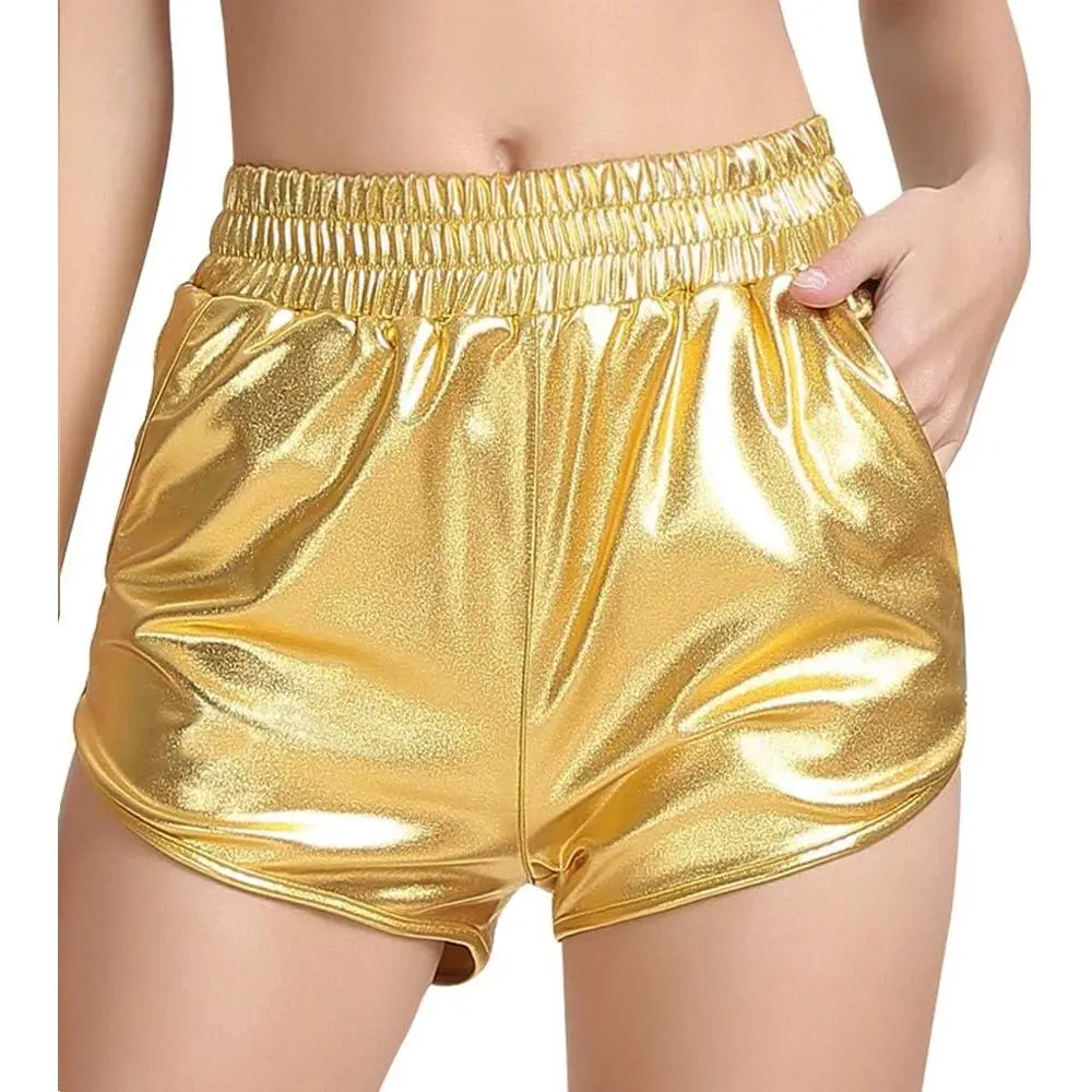 Women's Elastic Waist Shiny Metallic Loose Fit Yoga Hot Shorts - Active, Soft, Well Sewn, Multi-Size, Polyester Mix, Side Pockets, Dolphin Hem, Breathable, for 80's Themed Parties, Night Out, Clubs