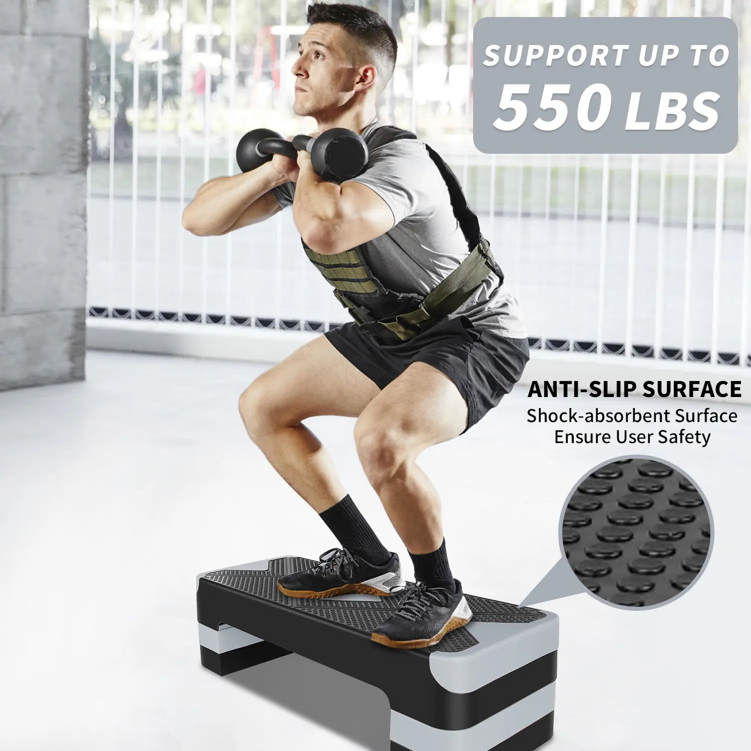 Adjustable Workout Aerobic Stepper in Fitness & Exercise Step Platform Trainer 3 settings Adjustable Height 4”-6”-8”,Stair Stepper for Home Gym Cardio Strength & Training,with 4 Adjustable Risers