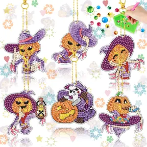 6-piece set, 5D diamond art pendant, Halloween DIY diamond painting keychain, includes tool kit and key chain, handmade art decorations, suitable for adult craft enthusiasts.