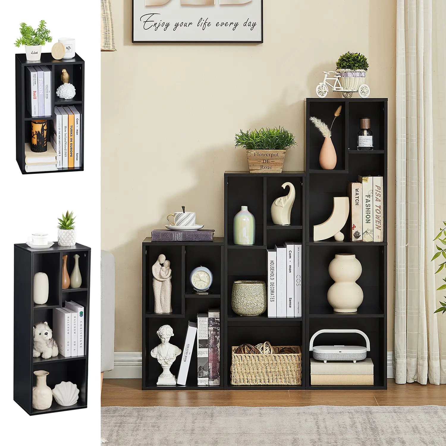 VECELO Display Case Bookcase Organizer Closet, DIY Plastic Modular Bookshelf, 4 Tiers 3 Tiers 5 Tiers DIY for Living Room, Bedroom Small Space Office