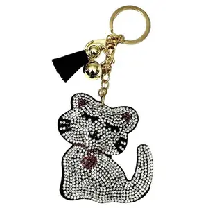 Cat Silver Bling Keychain, Rhinestone design, Tassel Decor Sport Keychain for Men, Women, Kids Bling Backpack Keyrings, Purse Charms, Sparkle Key Fob