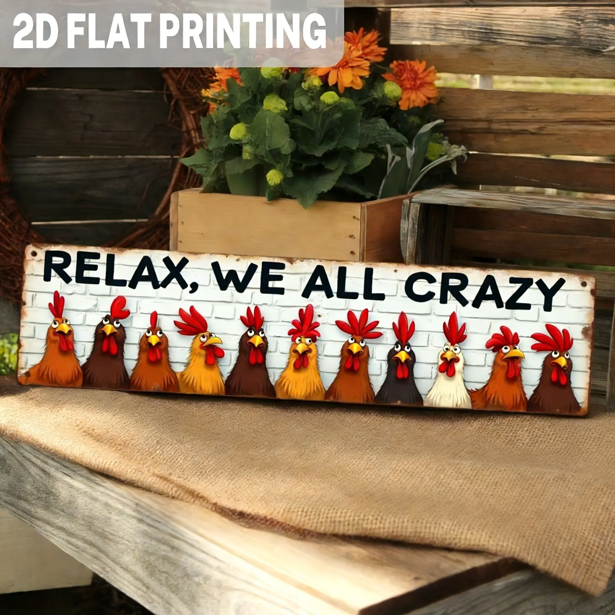 Vintage White Brick-Style Tin Sign Home Decoration - "Relax We All Crazy" Funny Farmhouse Plaque, Rustic Chicken Coop Wall Art with Rooster & Hen, Gift for Chicken Ladies
