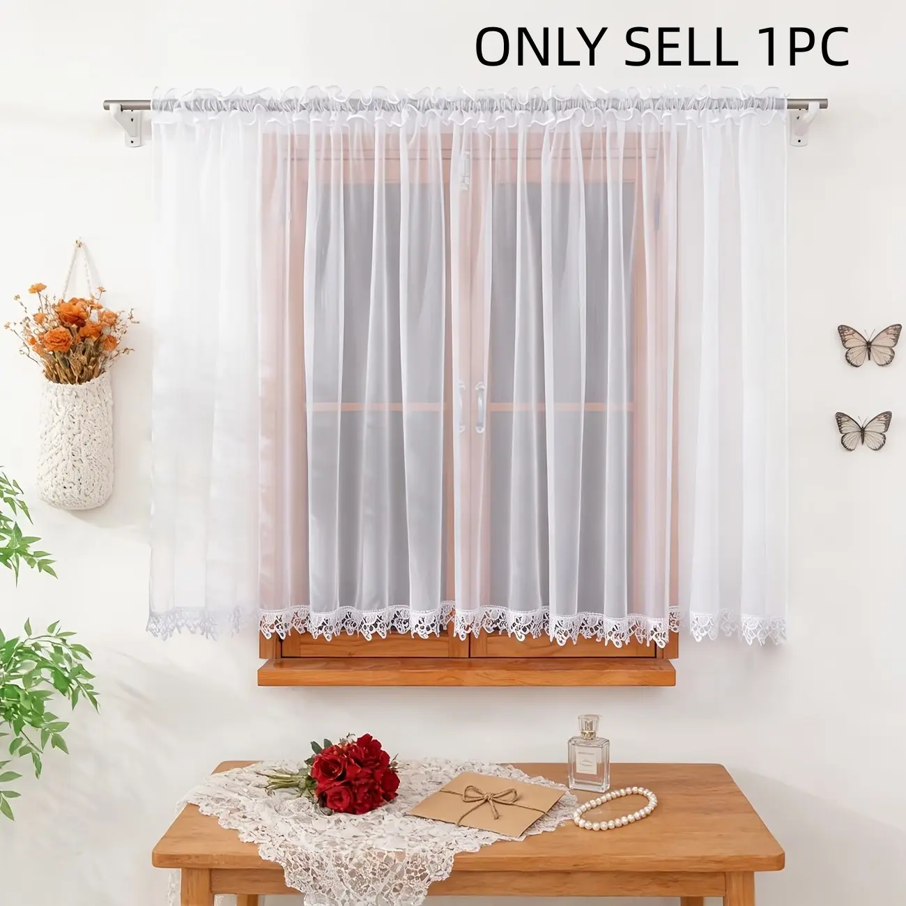 1pc Minimalist Lace Trim Drapes, Versatile Transparent Curtains for Kitchen Bathroom, Fresh Atmosphere Window Decor, Balcony Bay Specialized Sheer Curtain