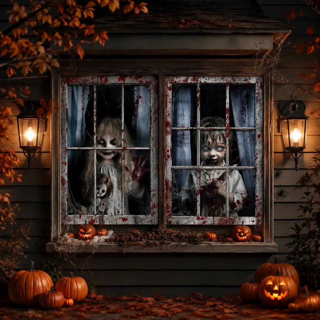 2-Pack Decorative Halloween Window Backdrop Curtains (47.2x31.5in) with LED Lights, 2D Flat Polyester, Creepy Ghost Boy & Girl Designs, Haunted House Backdrop, Indoor Outdoor Party Supplies, Outdoor Decor, Ghost Gift