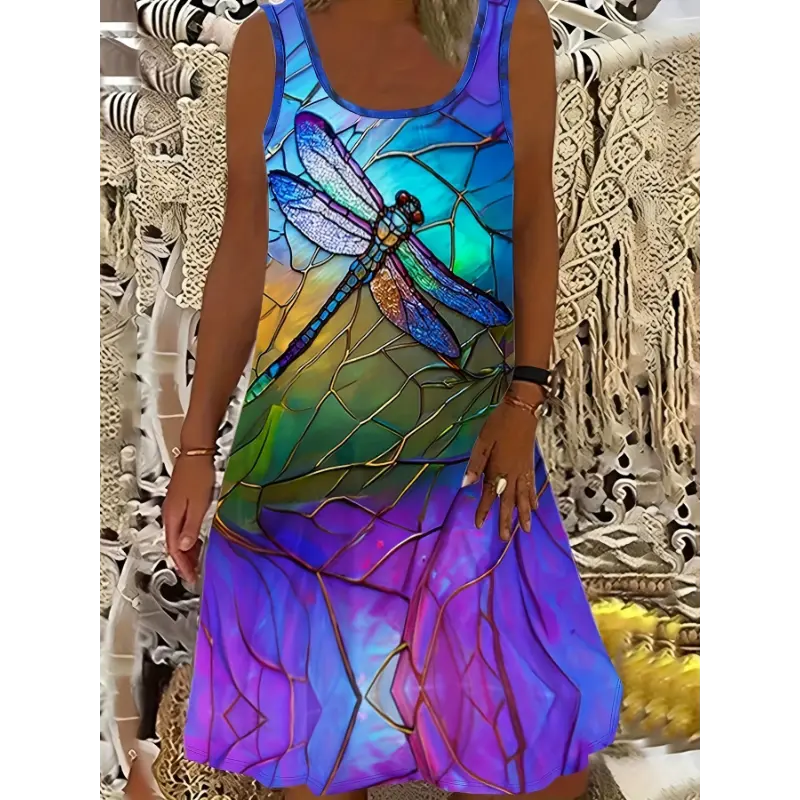exercise Plus Size Dragonfly Print Tank Dress, Casual Sleeveless Dress For Spring & Summer, Women's Plus Size Clothing
