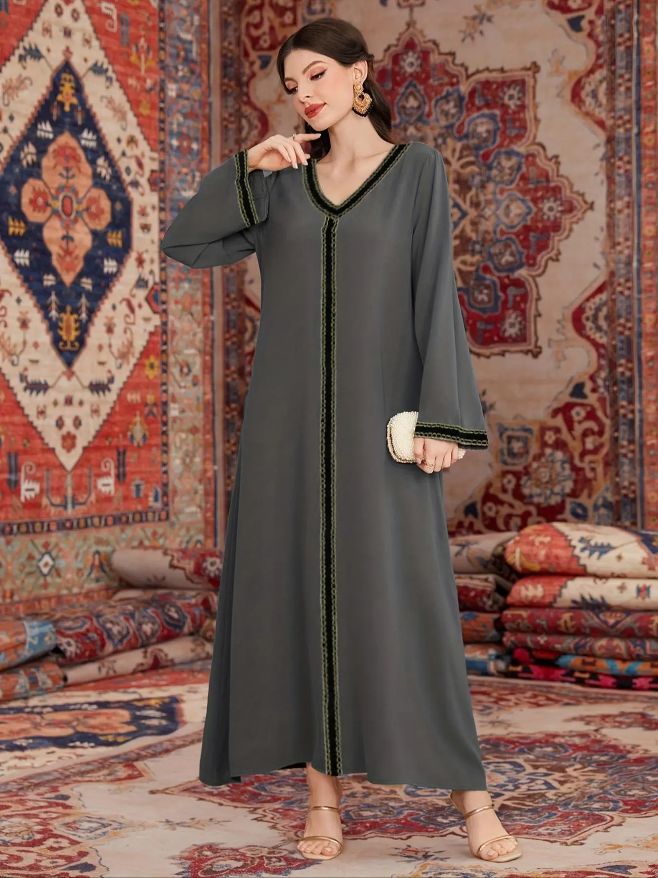 Women's Colorblock V Neck Long Sleeve Modern Arabian Islamic Abaya Dress, Modest Long Dress for Daily Wear, Ladies Islamic Modesty Clothes for All Seasons