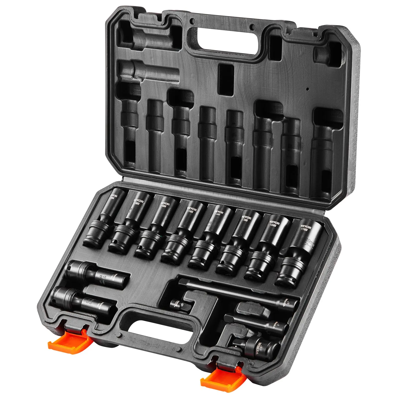 【Summerfinds】VEVOR 3/8'' Drive Swivel Socket Set14pcs CR-MO Metric Deep 6-Point (10-19 mm) Mechanic Tools with 2 Extension Bars (3"6")1/4"-3/8" AdapterUniversal Joint & Tool Case, Industrial Tool Kits