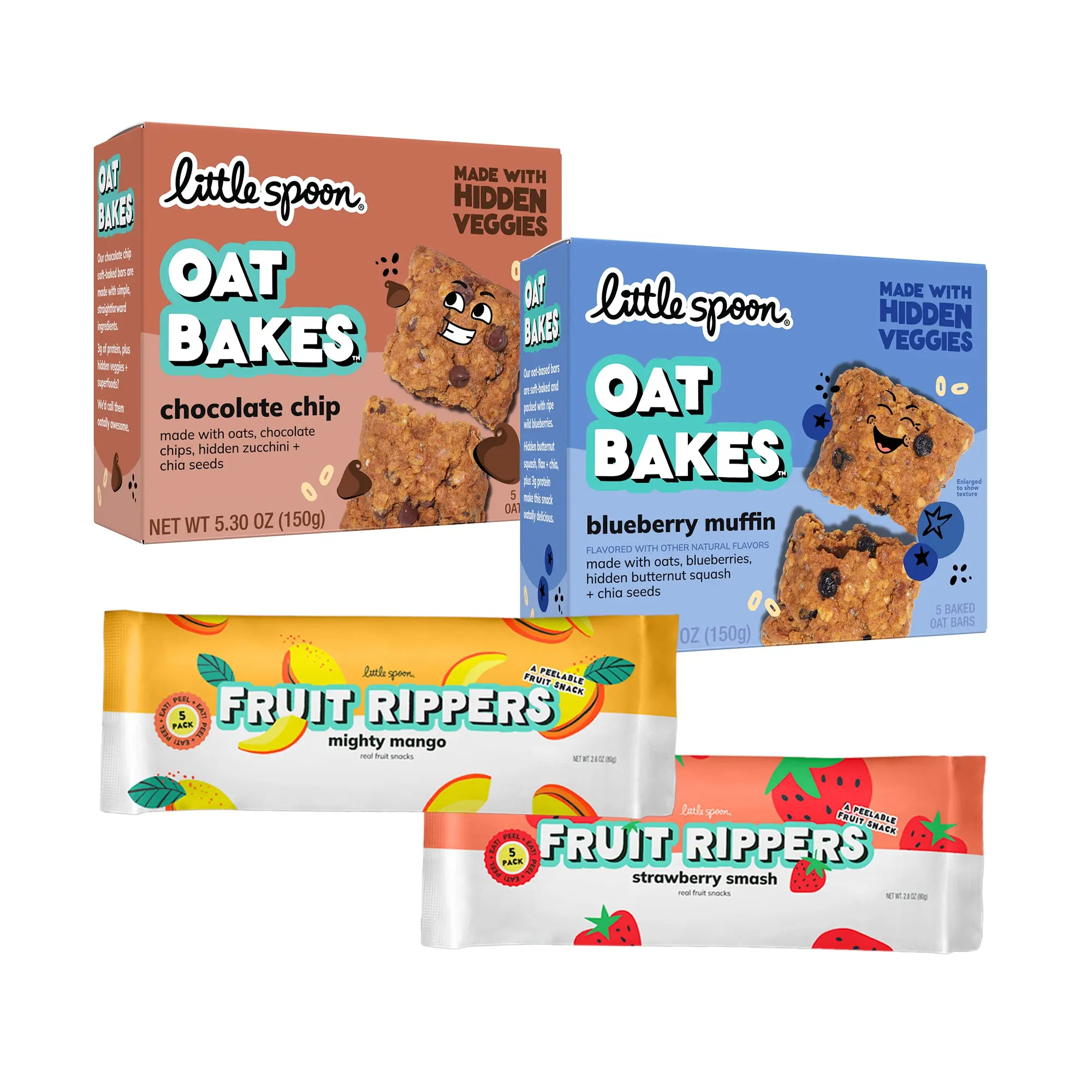 Healthy Plant-Based Gluten-Free Soft Baked Fruit Ripper & Oat Bake 4-Pack (Single Serve, Room Temp) - Kids' Snacks with Real Fruit Mix, Chocolate, Strawberry, Blueberry, Chips, No Artificial Flavors