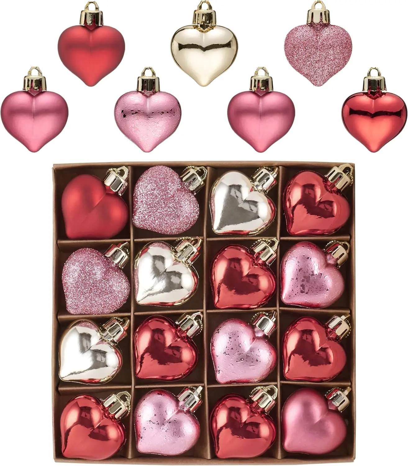 Shatterproof Plastic Heart-Shaped Ornaments - 16-Piece Love Theme Decoration Set (Red, Pink, Gold) - Hanging Tree Baubles for Valentine's Day, Christmas, Home Decor