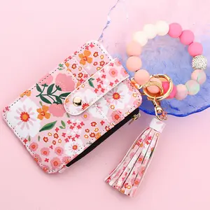 2026 Valentine's Day Gift Floral Leather Small Wallet With Keychain and Bracelet,Women's  Leather Card Bag,Keychain Wallet Wristlet Credit Card Holder