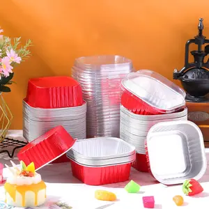30 Pcs 10 oz Square Aluminum Foil Mini Cake Pans with Transparent Lids, 4"x4" Disposable Baking Cups for Bake Oven Desserts, Cooking Gift for Moms (Red)
