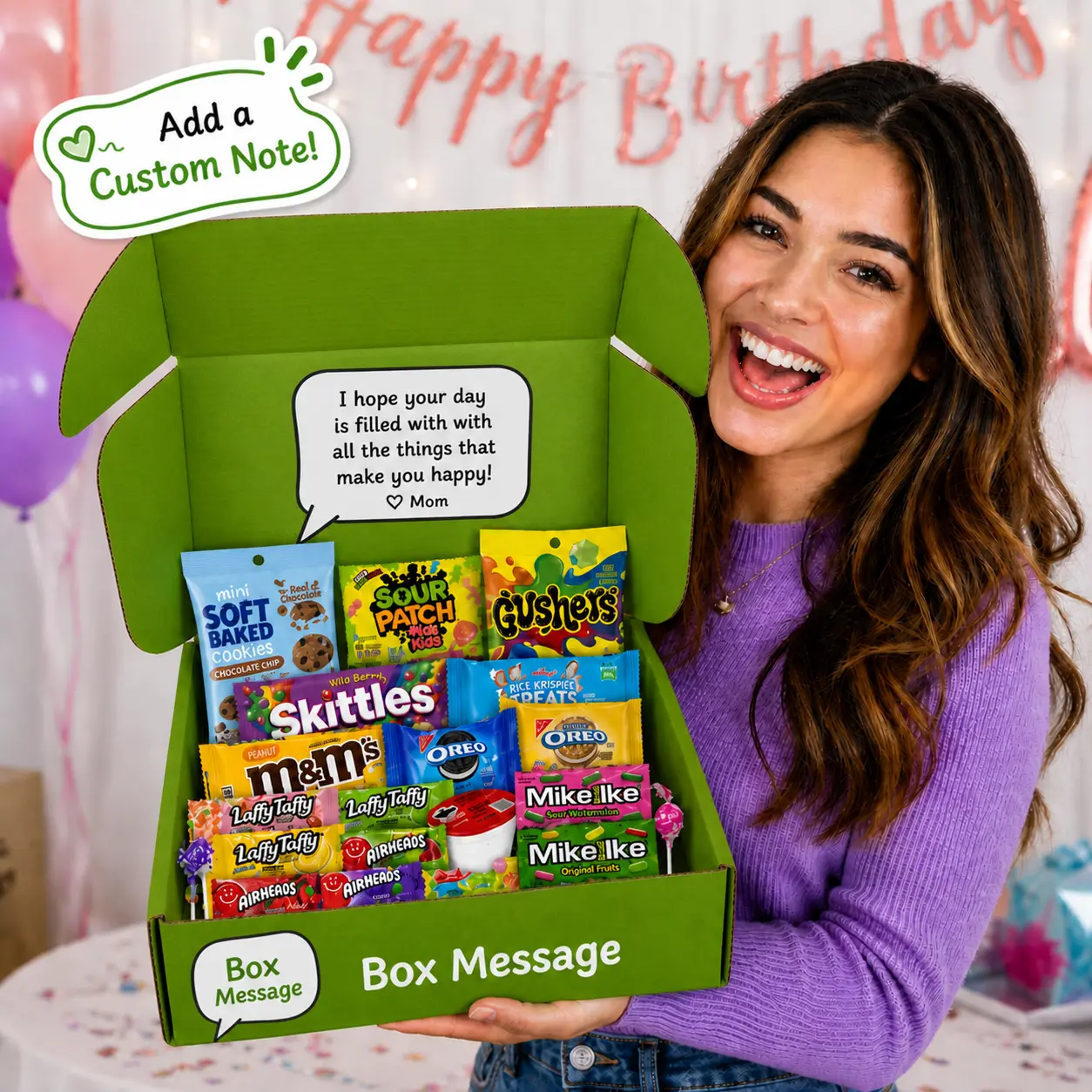 Box Message Snack Box Gift with Custom Note – 25 Assorted Candy & Treats | Perfect for Birthdays, Care Packages