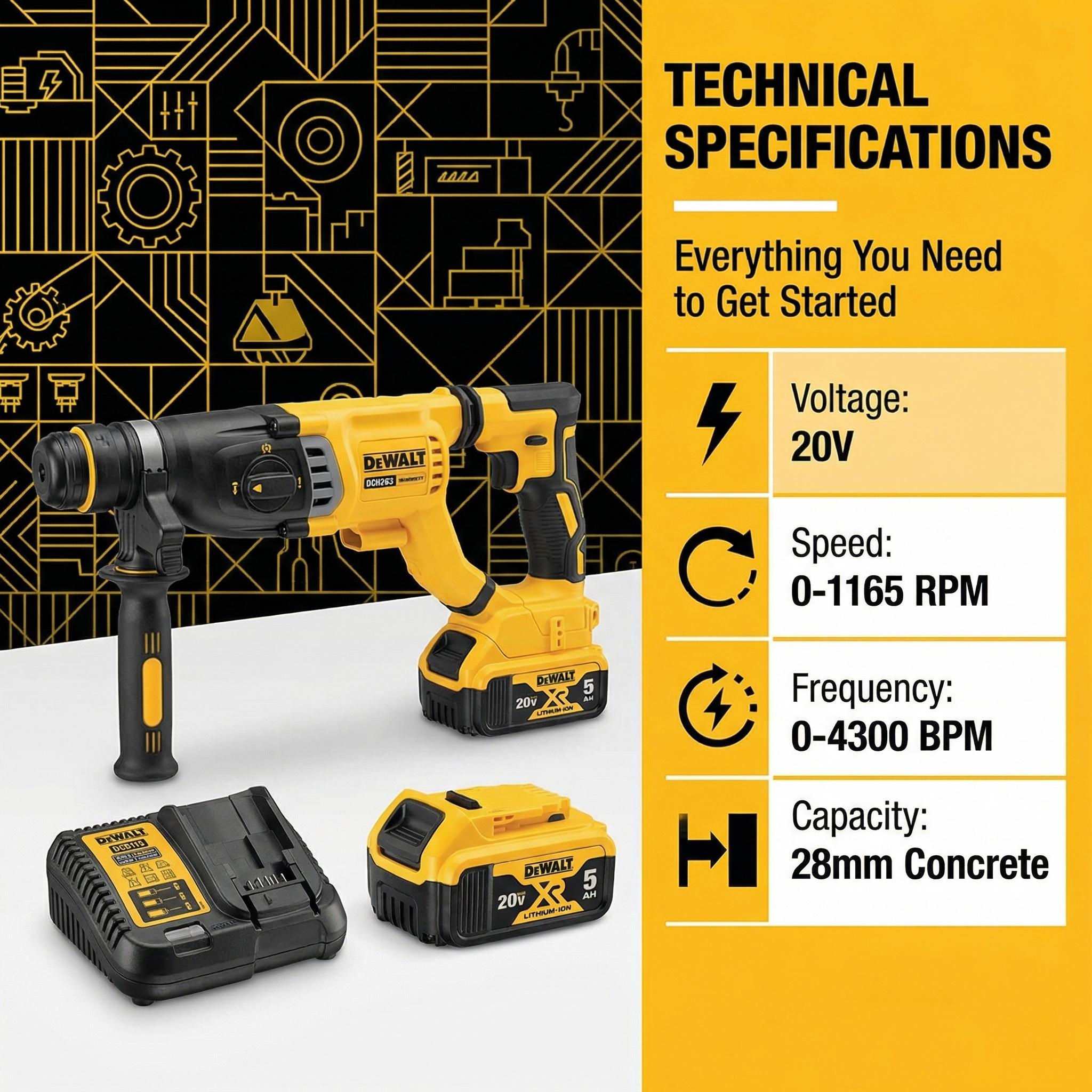 Dewalt DCH263 20V Max SDS Rotary Hammer – 3.0J Hammer Energy, Drills Concrete 28mm / Wood 30mm / Metal 13mm – Brushless Motor for Job Site Use