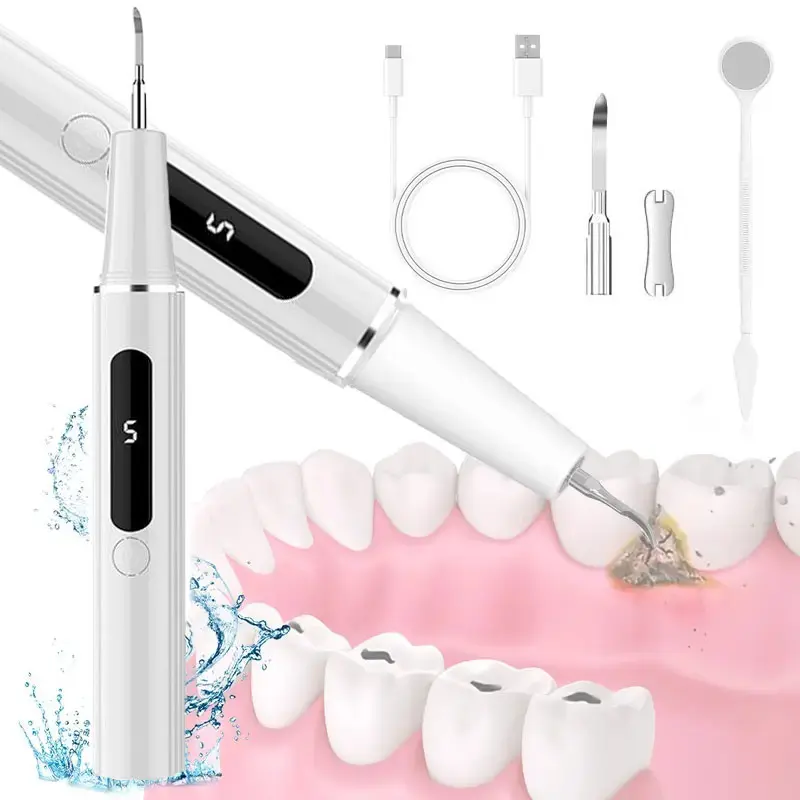 Oral Ultrasonic Teeth Cleaner Kit - Lightweight Adjustable Plaque & Tartar Remover Tool with 5 Settings, Gum-Safe, IPX6 Waterproof, USB-Rechargeable, Mirror for Daily Cleansing