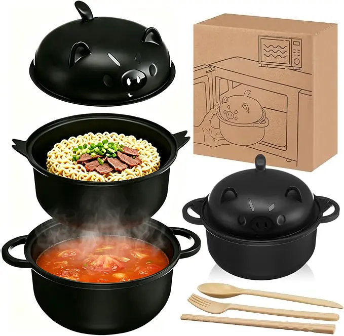 1 Set Microwave Ramen Cooker 40oz Wheat Straw Microwave Noodle Bowl Set with Chopsticks, Spoon, Fork, College Dorm Office Apartment Essentials (black)