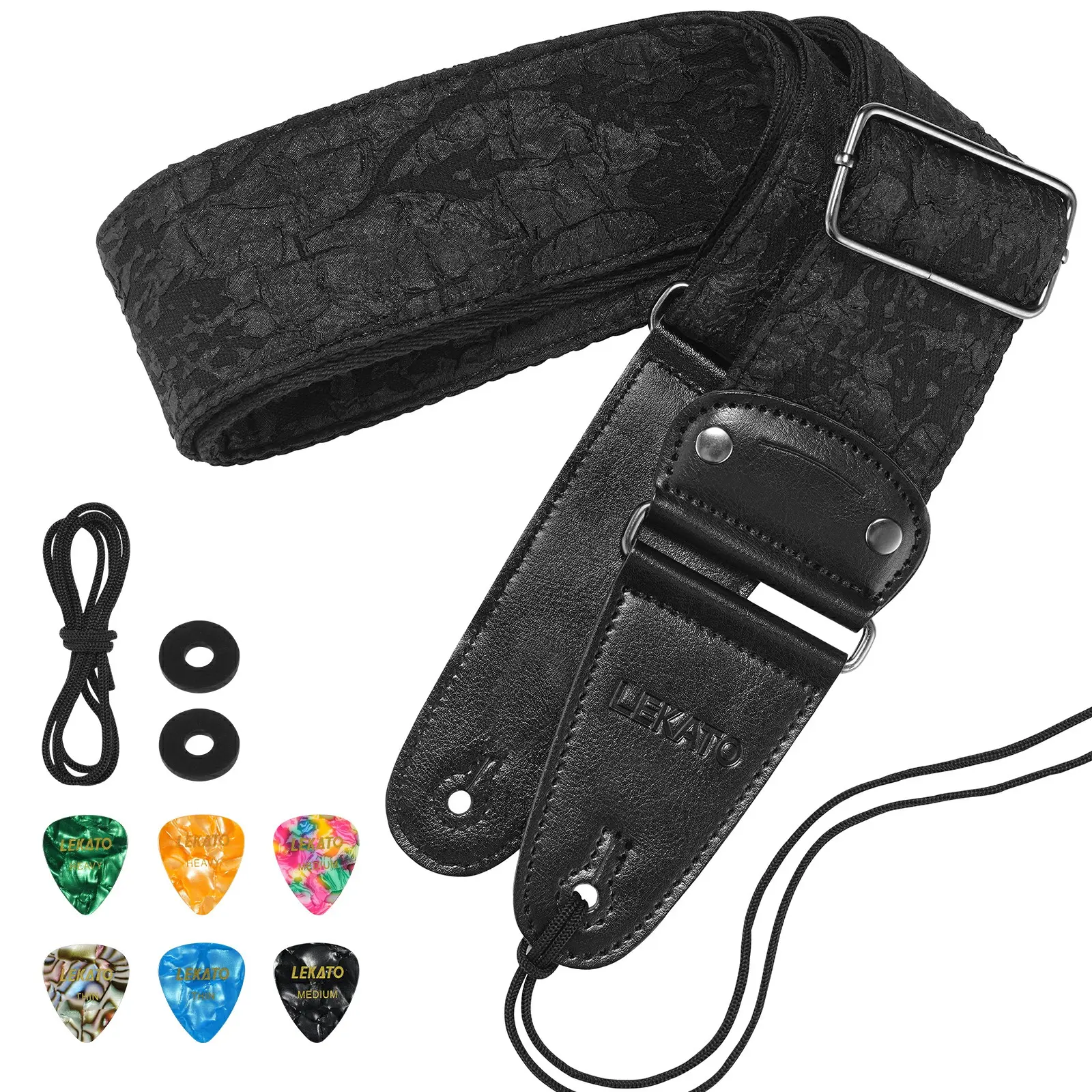 LEKATO LGS-7 Guitar Strap, Padded Guitar Straps, Anaglyph Embossed Floral Pattern, 2.5″ Wide for Electric Bass Acoustic Guitar Bass, with Picks & Locks, Cable Fixing