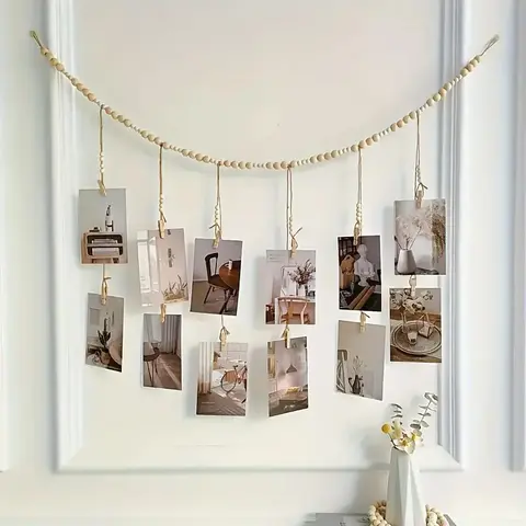 40inch Hanging Photo Display with Clips Double-layer Wooden Bead Garland Boho Style Collage Photo Frame Decoration Collage Card Picture Kids Art Holder String for Dorms Classrooms Bedrooms Living Room Christmas Interior Ornaments Hangable