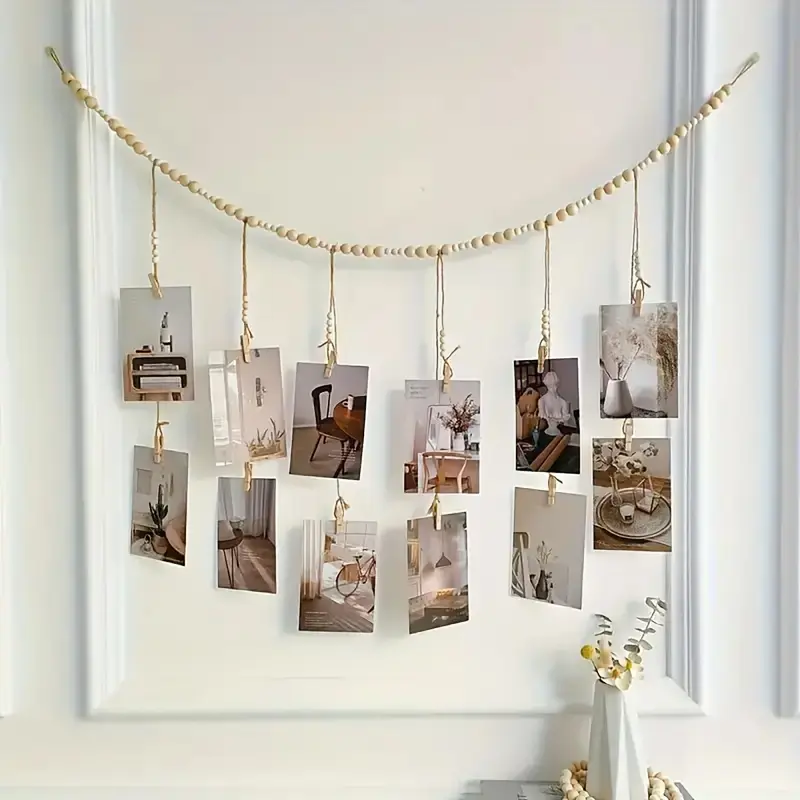 40inch Hanging Photo Display with Clips Double-layer Wooden Bead Garland Boho Style Collage Photo Frame Decoration Collage Card Picture Kids Art Holder String for Dorms Classrooms Bedrooms Living Room Christmas Interior Ornaments Hangable
