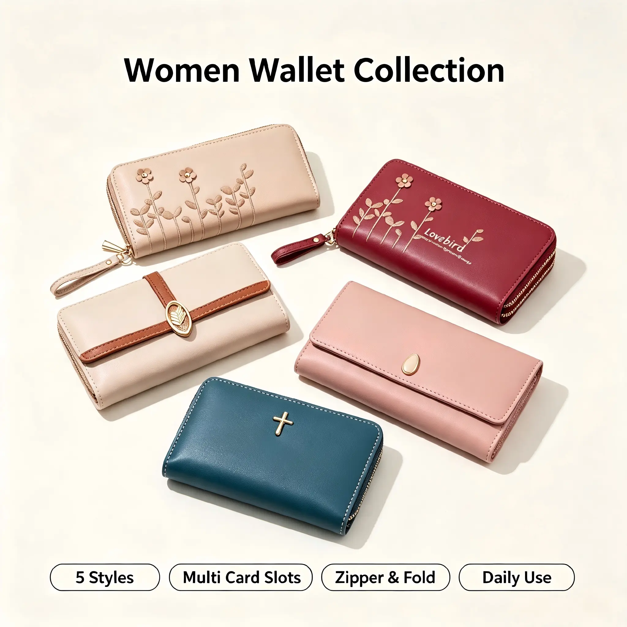 (W1-20)-Women Wallet Collection, Multi-Style Zipper & Fold Wallet, Embossed Floral / Bird Print / Leaf Buckle / Round Button / Cross Detail, Large Capacity Multi Card Slots Coin Purse