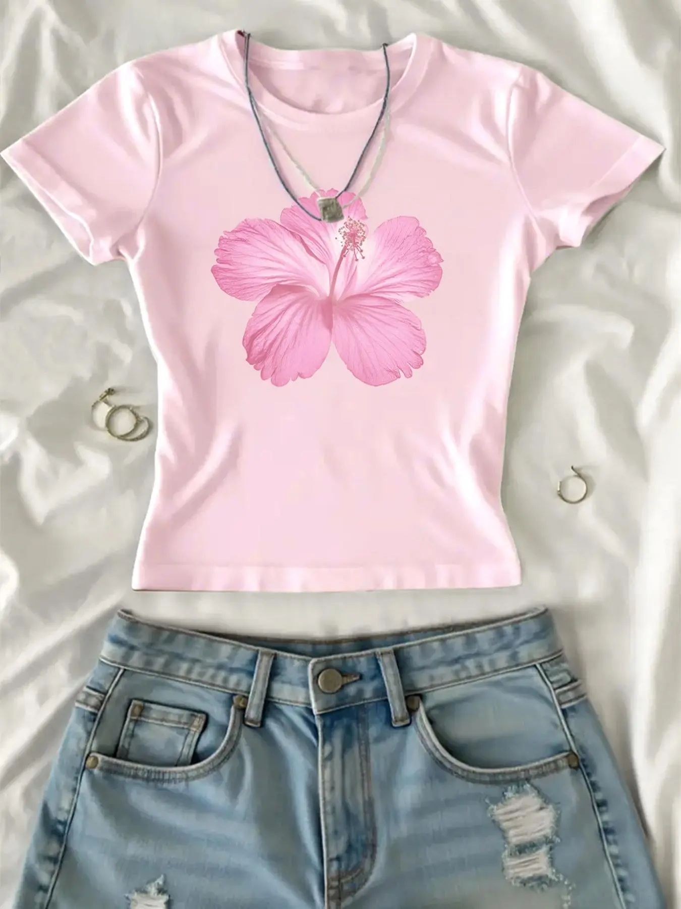 Women's Casual Comfy Boho Floral Printed Crop Tee, Y2K Trendy Casual Round Neck Short Sleeve T-shirt for Daily Wear, Ladies All Seasons, Top, Casual Summer Tee, Casual Summer Chic, Casual Comfy Clothes, Womenswear