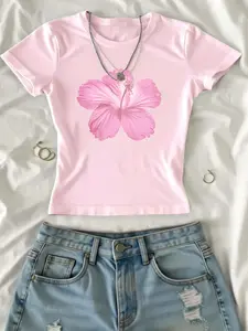 Women's Casual Comfy Boho Floral Printed Crop Tee, Y2K Trendy Casual Round Neck Short Sleeve T-shirt for Daily Wear, Ladies All Seasons, Top, Casual Summer Tee, Womenswear