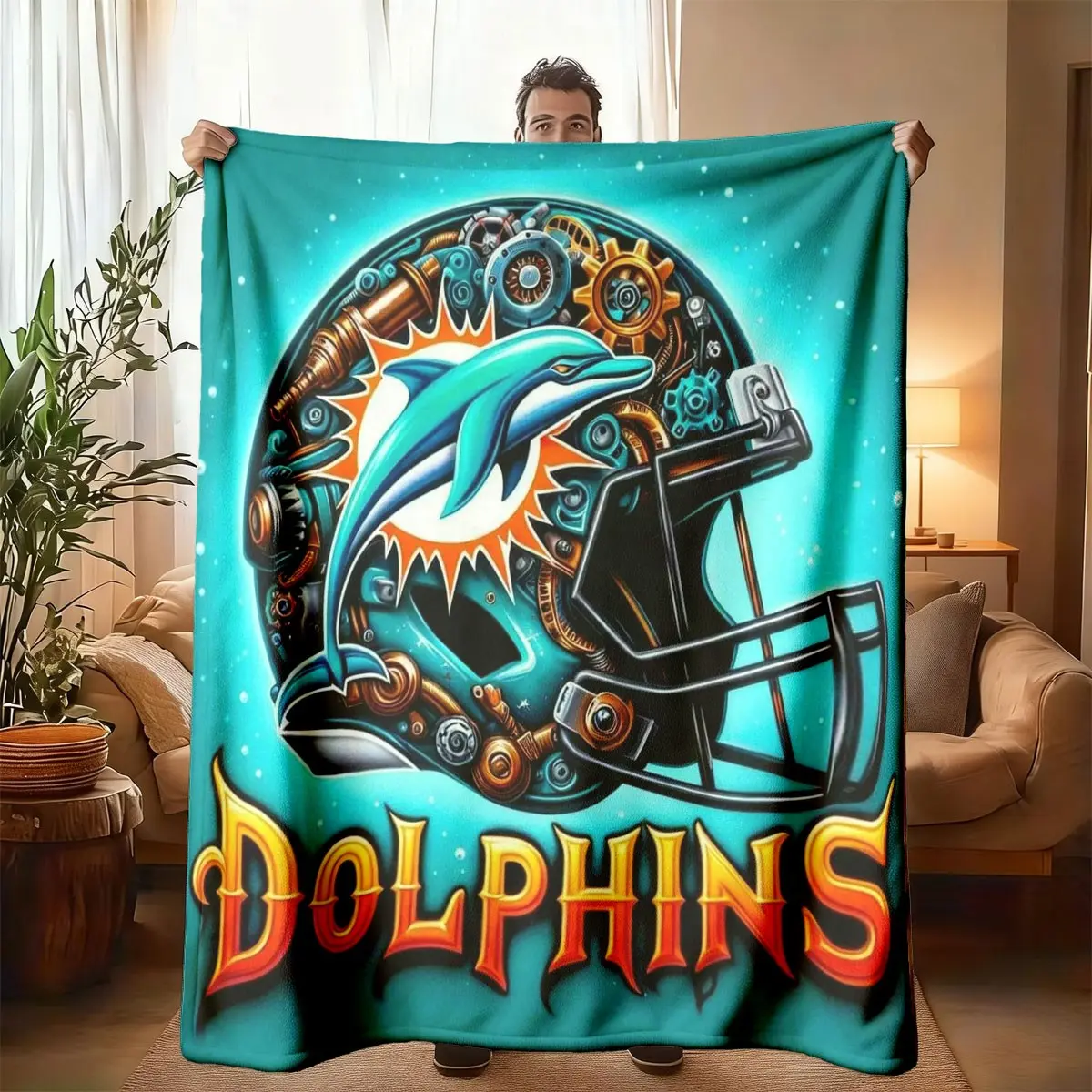 Miami Dolphins Helmet Theme Flannel Blanket for Couch, Soft Lightweight Warm, Bedroom Holiday Decor, All Seasons, Bed Sofa Office Camping Travel Gift, Cozy Blanket Throw, Throw Blankets