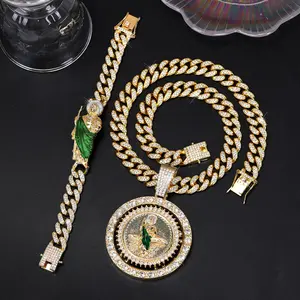 3Pcs San Judas Pendant Necklace Set, San Judas Big Round Plaque Rotatable Pendant Necklace Bracelet Set, Rhinestone Embellishment, Zinc Alloy, Street Style Jewelry for Men and Women, Holiday Gift