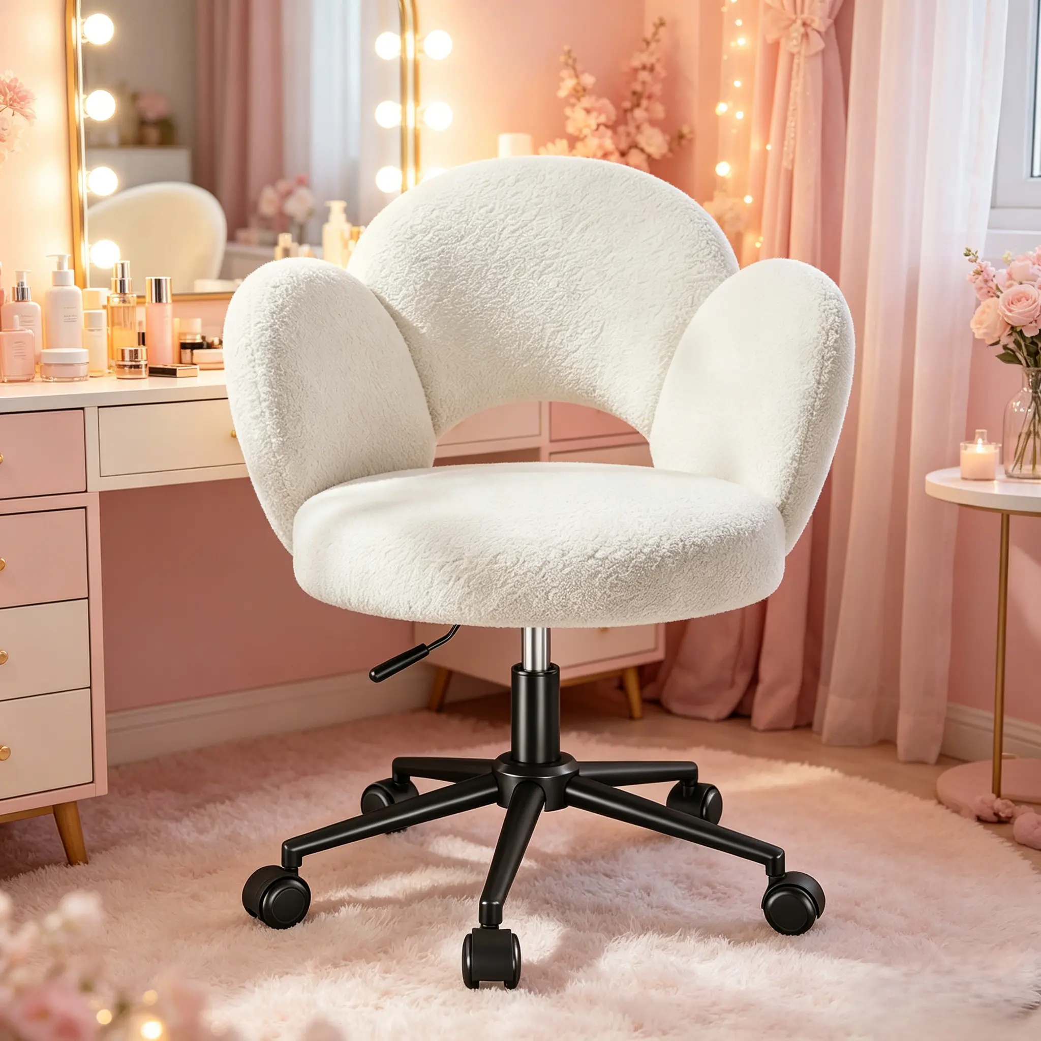 Raybee Petal Vanity Chair with Wheels, Cute Desk Chair with Backrest, Adjustable Height, Small Office Chair for Study, Makeup & Relaxation, More Color Choice