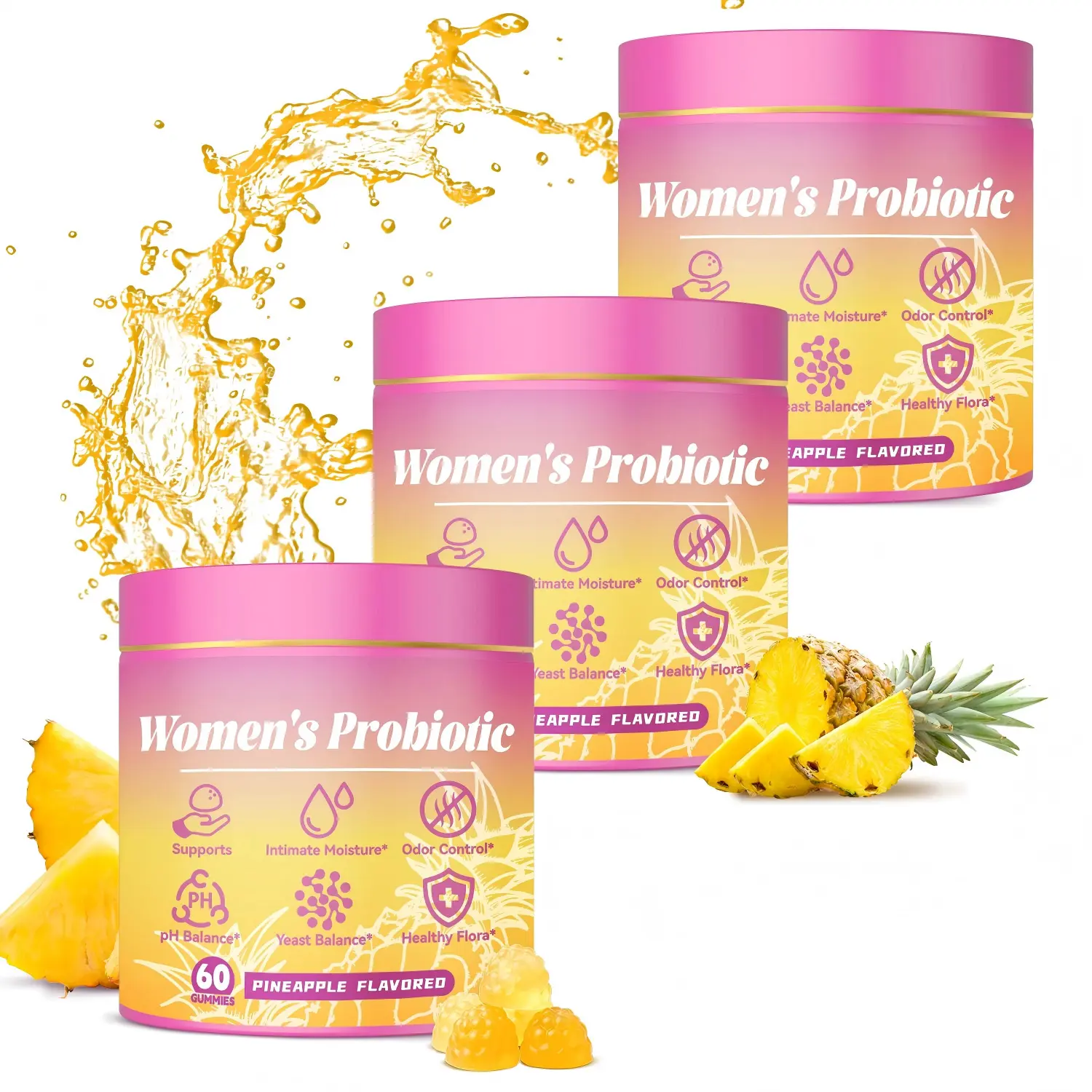 Probiotic Gummies Pineapple Flavor - 60 Count Dietary Supplement for Intimate Health & Yeast Balance, value pack