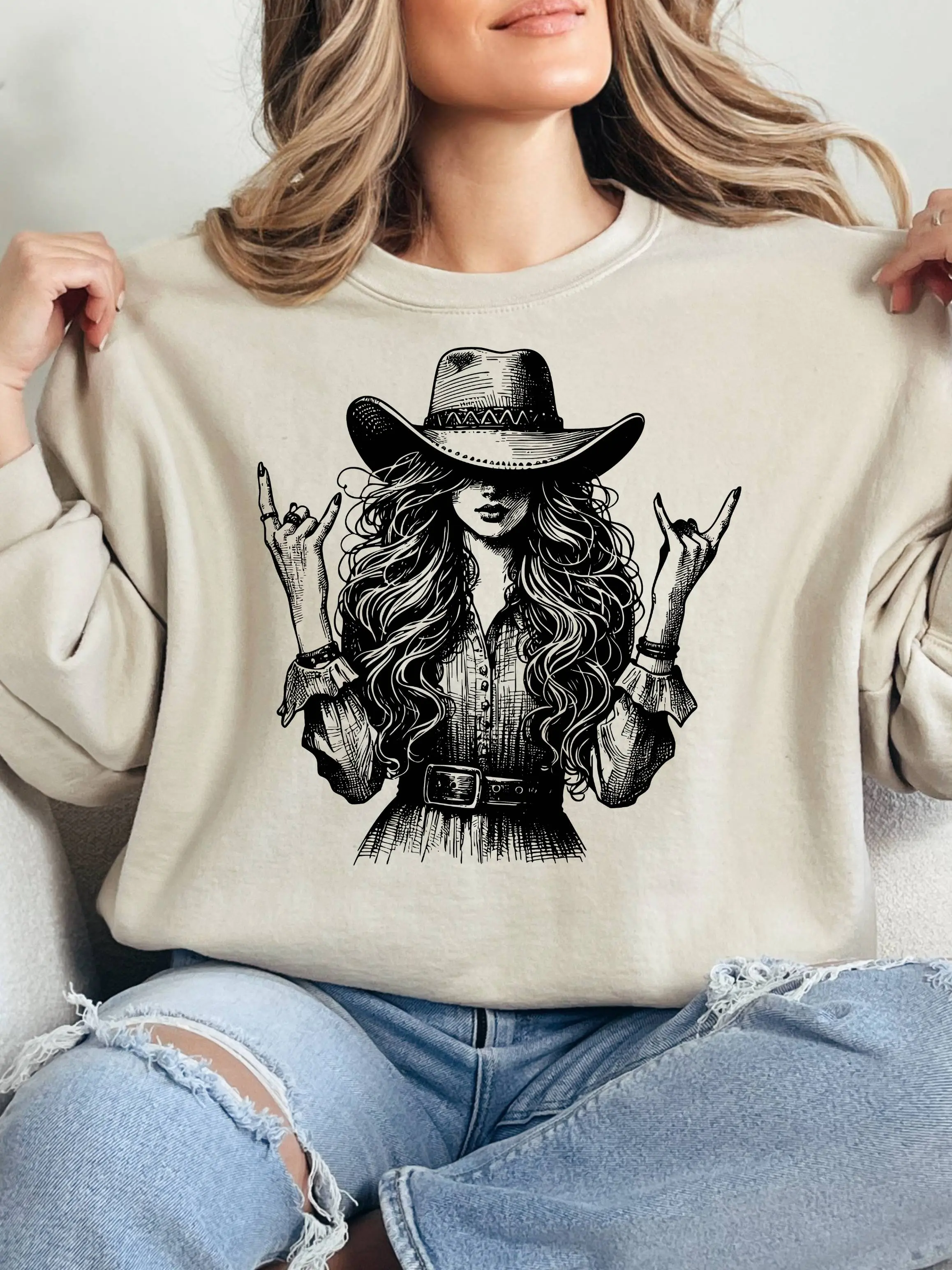 Women's Cowboy Style Cotton Long Sleeve Slim-Fitting Graphic Print Sweatshirt, Western Rodeo Casual Unisex Top