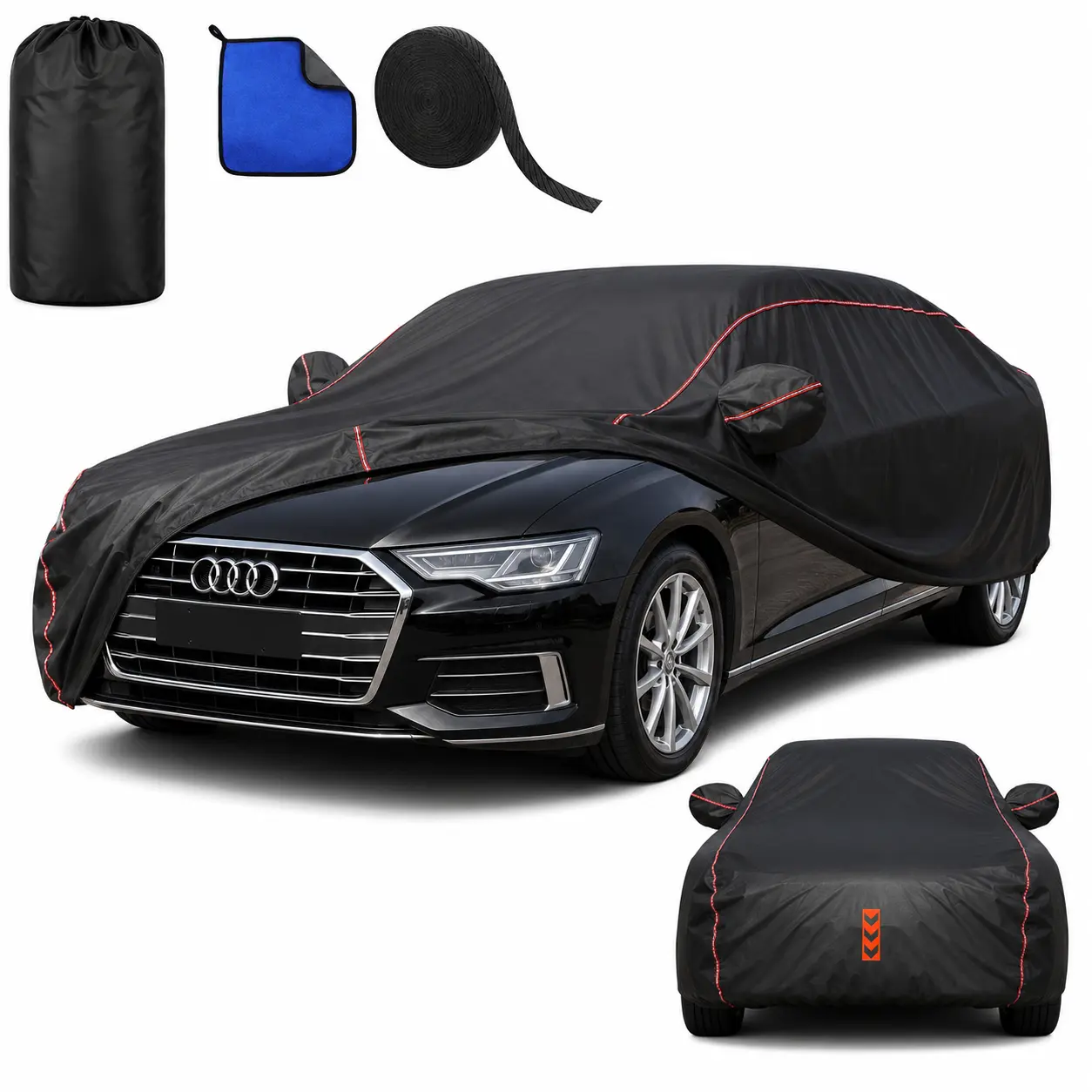 Oxford Cloth Waterproof All-Weather Heavy-Duty Car Cover for Audi Q7/A8, 360° Underbody Wrap, Windproof Design, Quick-Install Outdoor Vehicle Cover