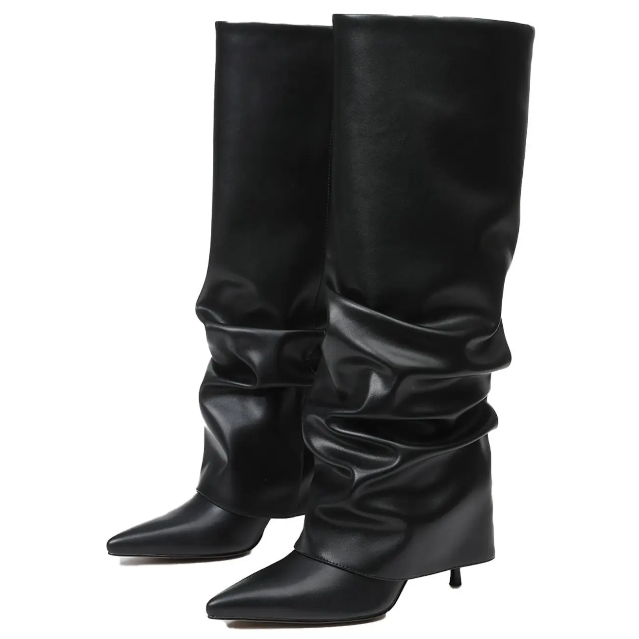EROCALLI Fold Over Boots For Women, point Toe Stiletto Heel Slouchy Knee High Boots Leather Comfortable Slip On Tall Boots Leather Knee-High Slouchy Boots with Ruched Details Pointed Toe Kitten Heel Stylish Statement Footwear for Women