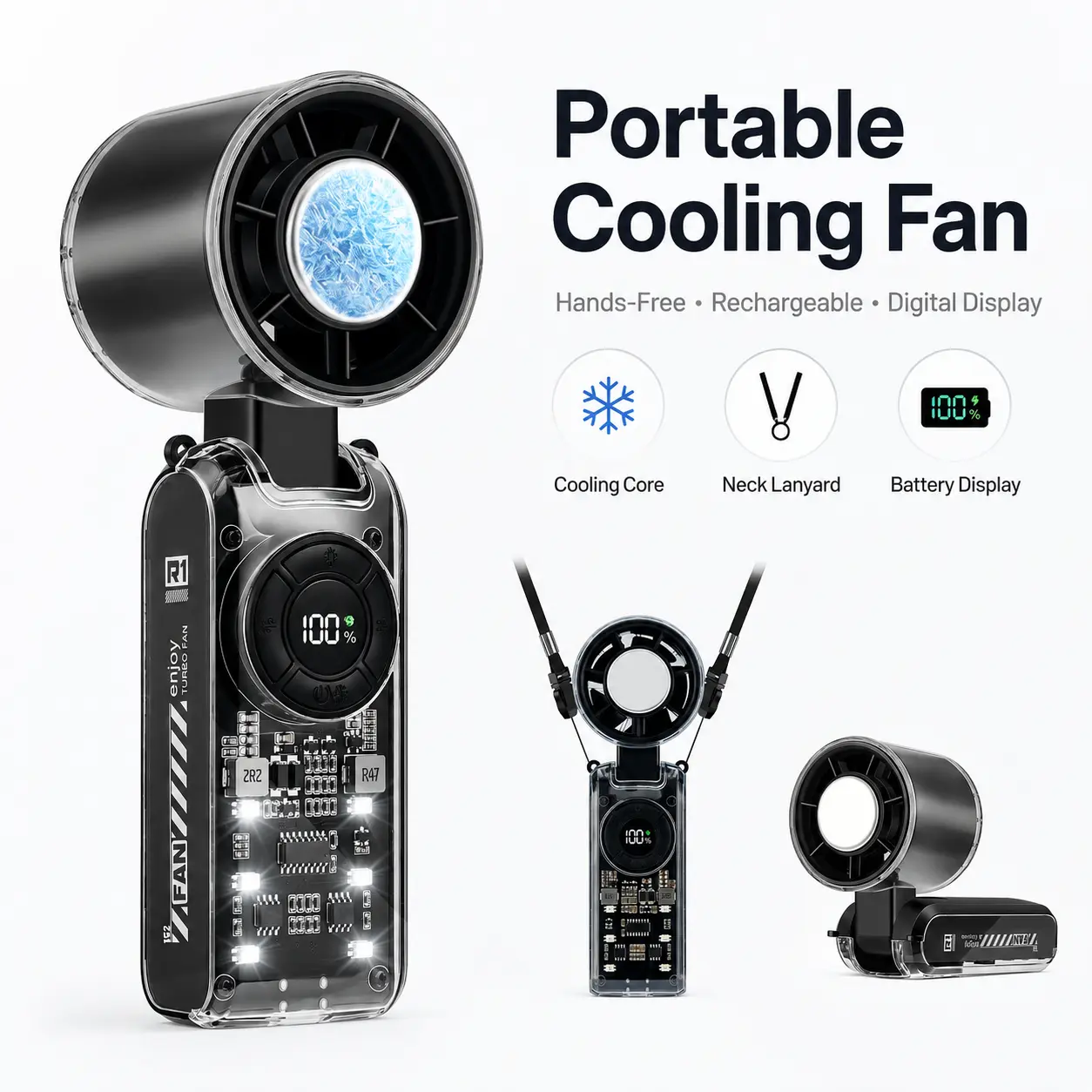Qawtor 2026 Portable Cooling Turbo Fan, 3600mAh Rechargeable Battery, 199-Speed Stepless Control with Digital Display, 4-in-1 Handheld, Neck, Desk & Travel Fan for Dorm, Office, Outdoor Use, Fans, Portable Fan Cordless Fan Wireless Fan
